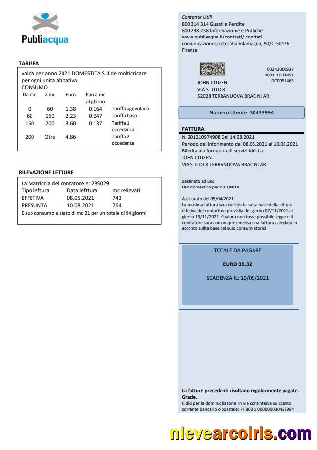 Italy Publiacqua utility bill